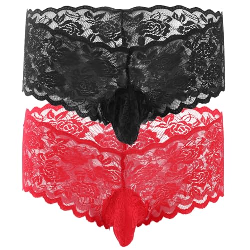 VemeFufu Hommes String Dentelle Boxer sous-Vêtements T-Back G-String Stretch Shorts Boxer Culotte sous-Vêtements Noir + Rouge