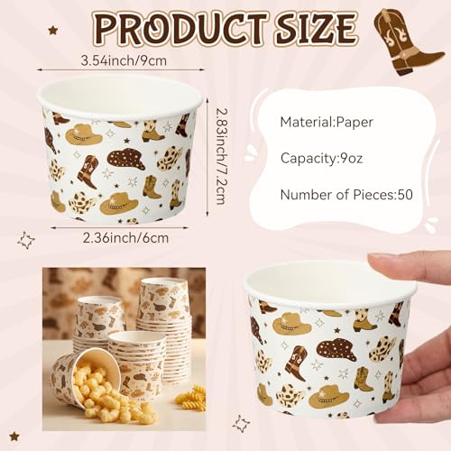 Image of Funnymoom 50 Pack Cowboy Ice Cream Cups 9 oz Western Disposable Dessert Bowls Cowboy Paper Soup Bowls Wild West Snack Cups for Hot or Cold Food for Rodeo Cowgirl Baby Shower Birthday Party Supplies