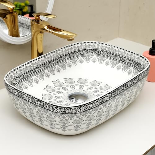 Image of Archstone Wash Basin for Bathroom-1Year Warranty- Tabletop Washbasin - Ceramic Glossy Rectangle Designer Moroccan Countertop Vessel Sink, Dining Hall & Vanity 33x45x14.5 cm (Grey Moroccan)