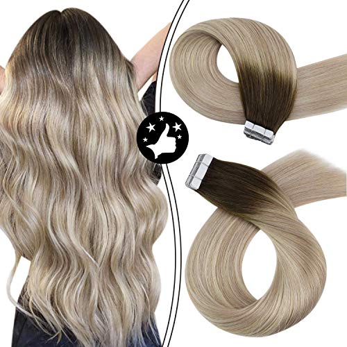 Moresoo Remy Hair Extensions Tape in Real Human Hair 16inch #4/18/60 Dark Brown to Ash Blonde Mixed Platinum Blonde Hair Extentions Tape in Hair Extentions 50g 20pcs