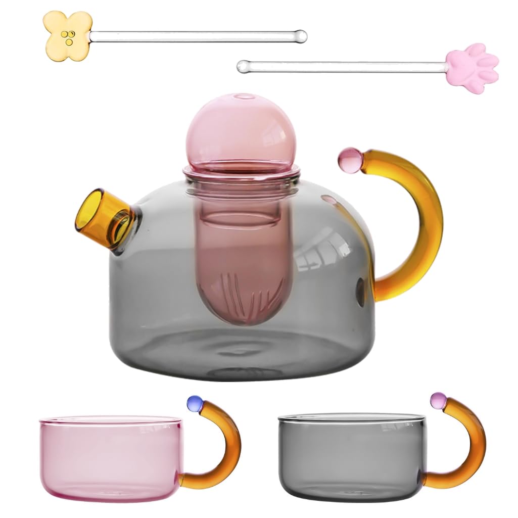 Ceramic Joe Handmade Colored High-temperature Resistant Glass Coffee Pot Teapot Cup and Stirring Rod 5 PCS (Grey)
