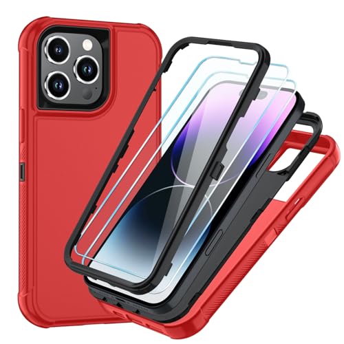 Image of SunStory Compatible with iPhone 14 Pro Max Case with HD Screen Protector, 3-Layer Heavy Duty Full-Body Cover,3 in 1 Hybrid Protective Case for iPhone 14 Pro Max 6.7 inch, Red