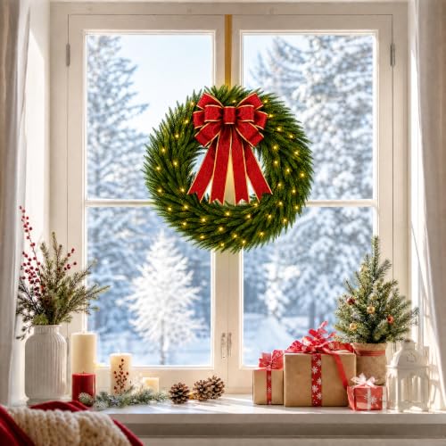 Pinkpum 26" Real Touch Cedar Christmas Wreath with Lights & Bow - image 8