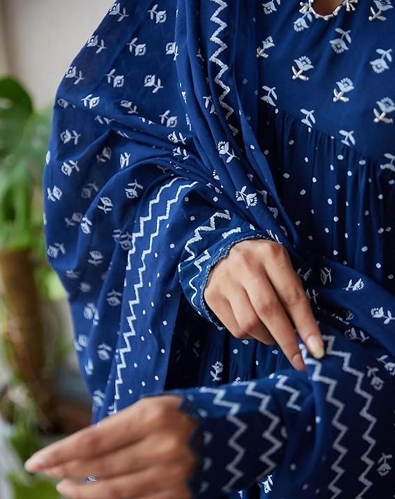 Women Cotton Indigo Hand Block Printed Kurta Pant With Dupatta4