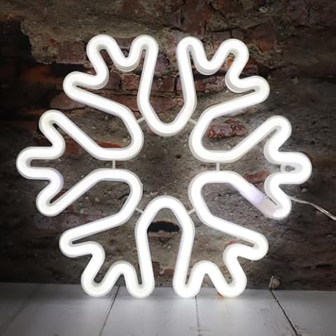 Vicila Snowflake Neon Signs Christmas Decorations, White Snowflake Shaped Lamp USB/Battery Operated Night Lights for Bedroom, Kids' Room, Nursery Room, Winter, Home Decor Cover