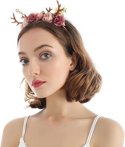 Miniatura 2 de Wiwpar Diadema con cuernos para el cabello, aro de corona de flores, diadema floral, diadema para festivales de Navidad, lindos ciervos, accesorios