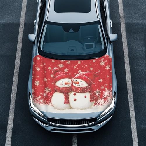 Image of Red Christmas Prints Car Cover - Elastic Polyester, Washable, Easy Installation for Car Hood - Christmas Decorations and Gifts
