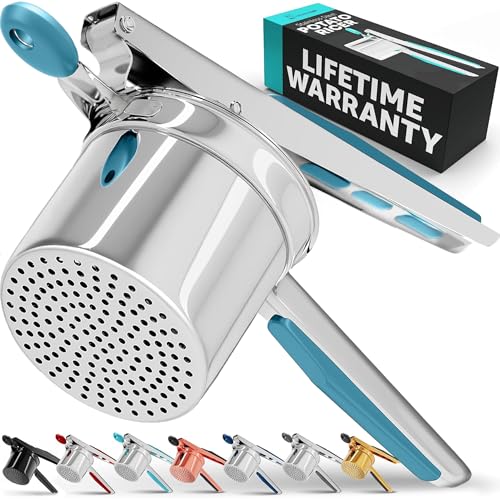 Image of PriorityChef Large 15oz Potato Ricer, Heavy Duty Stainless Steel Potato Masher and Ricer Kitchen Tool, Press and Mash Kitchen Gadget For Perfect Mashed Potatoes - Everytime, Silver and Turquoise