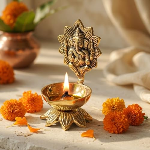 Image of Behoma 100% Pure Brass Ganesh Diya for Pooja Room | Ganesha Idol for mandir | Ganpati Decoration Item | House Warming Gift Items for Home Decor | 4 inch Height