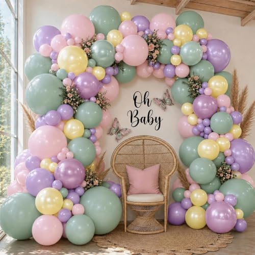 Green Pink Lavender Balloon Arch Double Stuffed Light Purple Yellow Mint Pearl Balloons