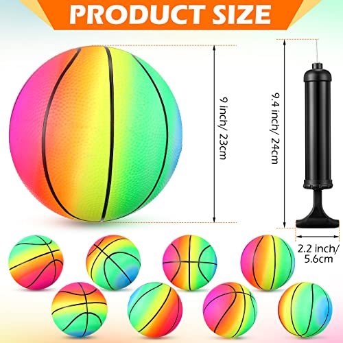 8 Pcs 9 Inch Rainbow Playground Balls With 1 Hand Air Pump, Colorful Sports Balls Neon Inflatable Basketball Multi Color Kick Balls Handball For Kids Adults Summer Playground Indoor Outdoor Games Use #TOP28