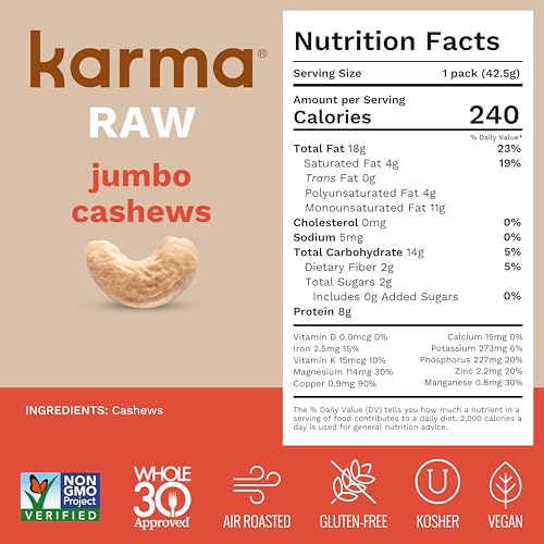 Image of Raw Jumbo Cashews by Karma Nuts, Whole, Vegan, Gluten Free, Low Net Carb, Natural, No Sugar Added, Keto Friendly, Everyday Nut Snack, 1.5 Ounce (12 Snack Packs)
