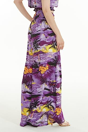 Matchable Couple Hawaiian Luau Shirt Smock Top Wide Legged Pants in Sunset Purple3