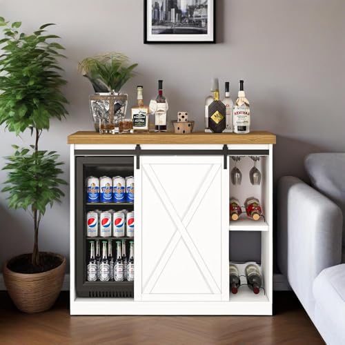 JassmiPkwy Coffee Bar Cabinet with Fridge Space, Farmhouse Wine Cabinet with Rack, Aquarium Stand with Power Outlet for Kitchen Dining Room Living Room, White