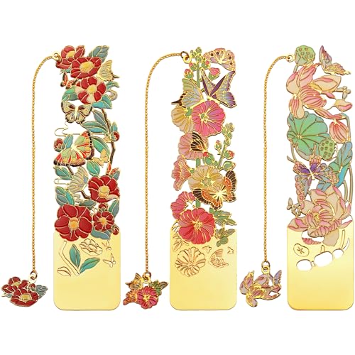 Sgbvzbd 3 PCS Metal Bookmarks - Beautiful Flower Bookmarks for Women - Lotus Hollyhock Camellia (BKM-050-002)