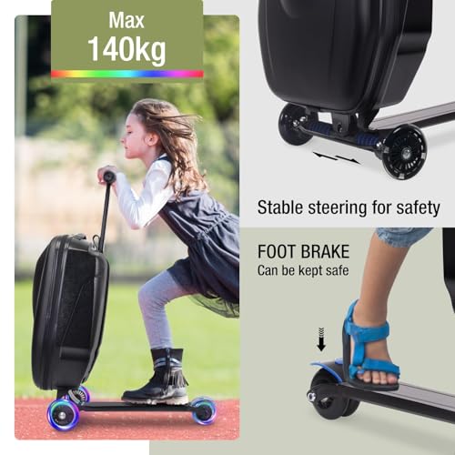 20" Scooter Suitcase for Kids, 2-in-1 Ride On Luggage with Wheels for Boys & Girls Ages 4-15, Foldable Hardshell Carry On Lightweight Travel Suitcase for Airplane