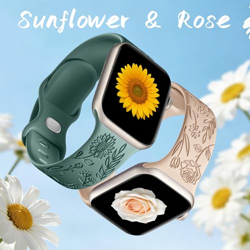 Image of SNBLK 6 Pack Floral Engraved Bands Compatible with Apple Watch Bands 40mm 41mm 42mm 38mm 44mm 45mm 46mm 49mm Women Men, Silicone Flower Pattern Strap for iWatch Series 11 10 Se Ultra 9 8 7 6 5 4 3 2 1
