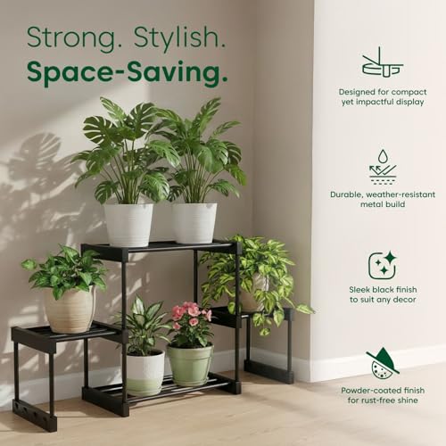 Image of KYARI 4 Tier Metal Plant Stand - Heavy Duty Black Powder Coated Plant Rack | Rust-Proof Vertical Flower Pot Stand for Balcony, Living Room & Outdoor Use (DIY Assembly Required)