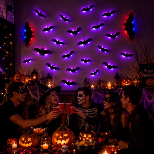Halloween Bats Wall Decor- 12 Pack 3D Glowing Bat Stickers, Horror Decor with Flickering Bats Stickers for Window, Bedroom, Fireplace Mantel, Haunted House Prop, Removable & Damage-Free Wall Clings - image 6