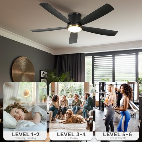 DWVO 52 Inch Ceiling Fans with Lights, Flush Mount Ceiling Fan with Remote Control, 3CCT Dimmable LED, Quiet Reversible DC Motor, 6 Speeds, 5 Blades Ceiling Fan for Bedroom, Living Room, Dining Room