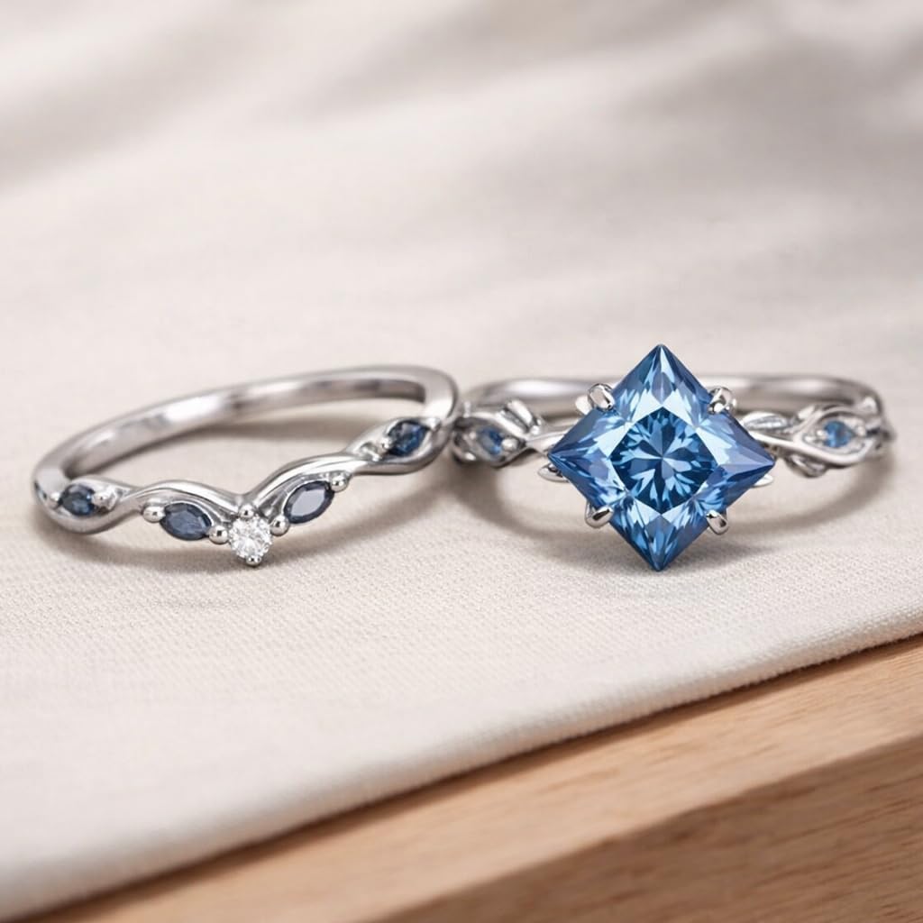 Princess Cut Blue Sapphire Ring Set for Women 14K White Gold Vintage Engagement Ring Set with Twisted Band & Side Stones September Birthstone Bridal Promise Jewelry Gift for Her