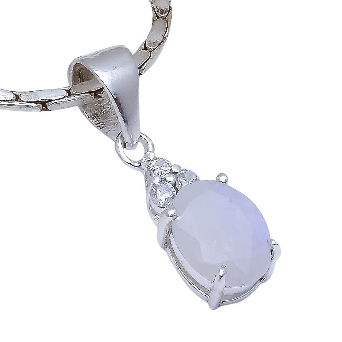 Rainbow Moonstone, White Topaz Gemstone 925 Sterling Silver Pendant -(1.1 gm)-image-36