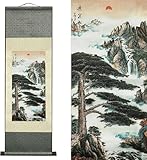 AtfArt Pintura De Pergamino De Seda, Decoración De Pared Asiática, Paisaje De Río, El Pino, Saludo A Los Invitados, Arte Chino Para Colgar En La Pared, Decoración Oriental (36.2 X 12 Pulgadas)