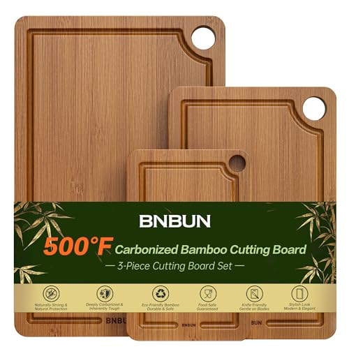 Image of BNBUN Bamboo Cutting Board for Kitchen, Wooden Cutting Board 3-Piece Set with Non-Slip Mat Deep Juice Groove and Built-In Handles, Wood Cutting Board for Meat Vegetables Fruit Ideal Gift for the Home