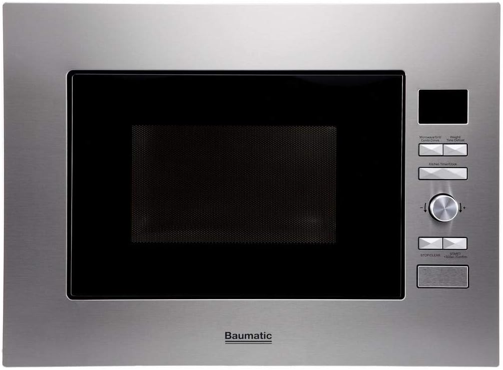 Baumatic 28 Litre Built In Microwave Oven & Grill Frameless Design Black Glass & Silver Model
