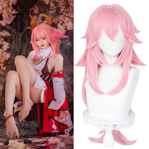 Image of LABEAUTE Pink Cosplay Wig for Yae Miko Long Anime Curly Sakura Straight Hair Wig with Ponytails for Halloween Party Include Cap