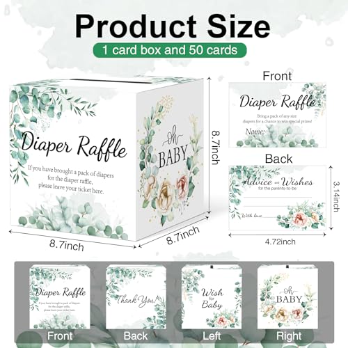 Image of Baby Shower Games, Greenery Diaper Raffle Box, 50 PCS Diaper Raffle Tickets Card Box with Advice and Wishes for the Parents-to-be, Baby Shower Decorations, Diaper Raffle Sign
