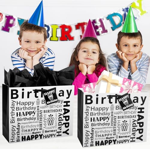 Large Birthday Gift Bag, Black Gift bags for Presents, Medium Gifts Bag with 3 Tissue Paper and 1 Greeting Card for Men Women's Birthday Supplies, Presents Bags with Handles for Kids Adults - Image 4