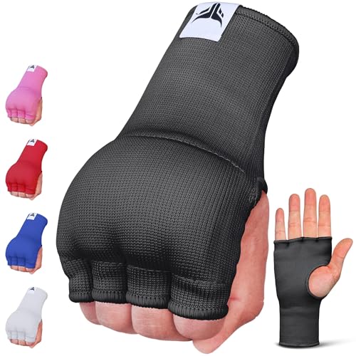 Mytra Fusion Guantes interiores elásticos rápidos y fáciles acolchados de gel para hombres y mujeres, vendas de boxeo para artes marciales mixtas, muay thai, kickboxing, boxeo y artes marciales (negro