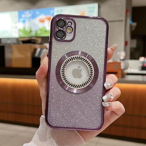 Image of Misscase for iPhone 12 Magnetic Glitter Case Compatible with MagSafe,Full Protection Slim Shockproof Anti-Scratch Case with Camera Lens Protector Logo View Dust-Proof Net for Women Purple