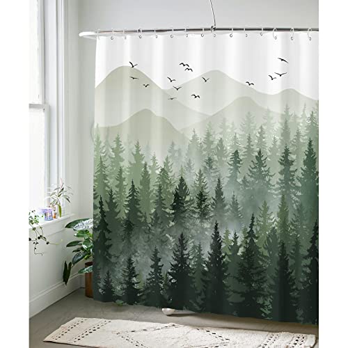 Accnicc Green Misty Forest Shower Curtain Set Ombre Sage Green White Waterproof Fabric Nature Tree Mountain Woodland Decorative Bathroom Bath Curtain Decor (72'' × 72'', Green) #TOP3