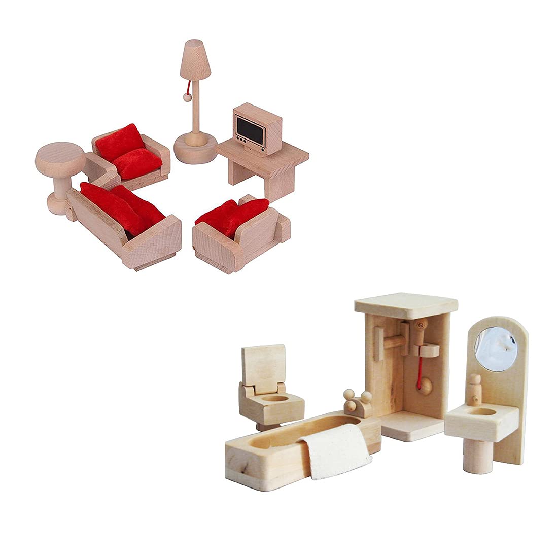 QWICK CLICK Living Room & Bathroom Perfect Combination for Dollhouse Wooden Miniature Furniture Toy Set (Pack of 2)