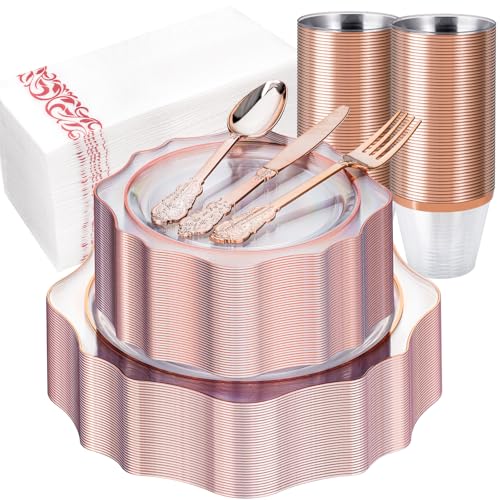 Realluck 350 PCS Clear and Rose Gold Plastic Plates, Rose Gold Disposable Plates for 50 Guests, Includes 100 Disposable Plates, 50 Cups, 150 Silverwares, and 50 Napkins for Party, Wedding