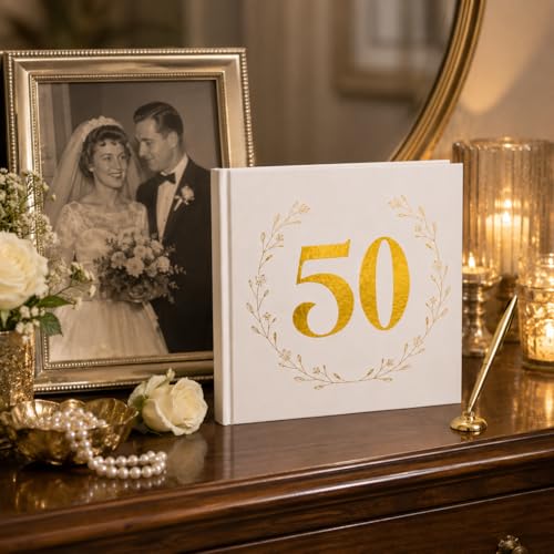 Image of Calculs 50th Birthday or Anniversary Guest Book, Gold Photo Album | 8.5-inch square hardcover keepsake book, 32 blank sheets for messages and instant photos, pen included