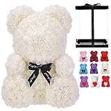 TRUHEMP Large Rose Bear,16in Rose Teddy Bear, Handmade Fully Assembled Artificial Flower Roses,Gift for Women,Christmas, Valentines Day, Birthday, Anniversary - Clear Gift Box (White)