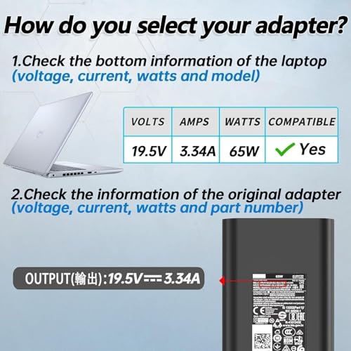 Image of 65W Laptop Charger for DELL Latitude E5470 7480 7490 E7250 3300 3380 5280 5480 5490 E5440 E5470 E6540 E7440 E7450 E7250 E6440 E6430 7290 5490 5590 5290 19.5V 3.34A (with Power Cable) (DE 65W 7.4*5.0m)