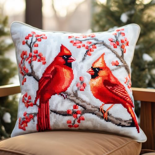 Image of Christmas Red Bird Cardinal Latch Hook Pillow Kit for Adults Throw Pillow Cover with Printed Canvas Hook Crochet Yarn Needle Craft Easy Handmade Cushion for Home Sofa Decoration 43x43cm(10)