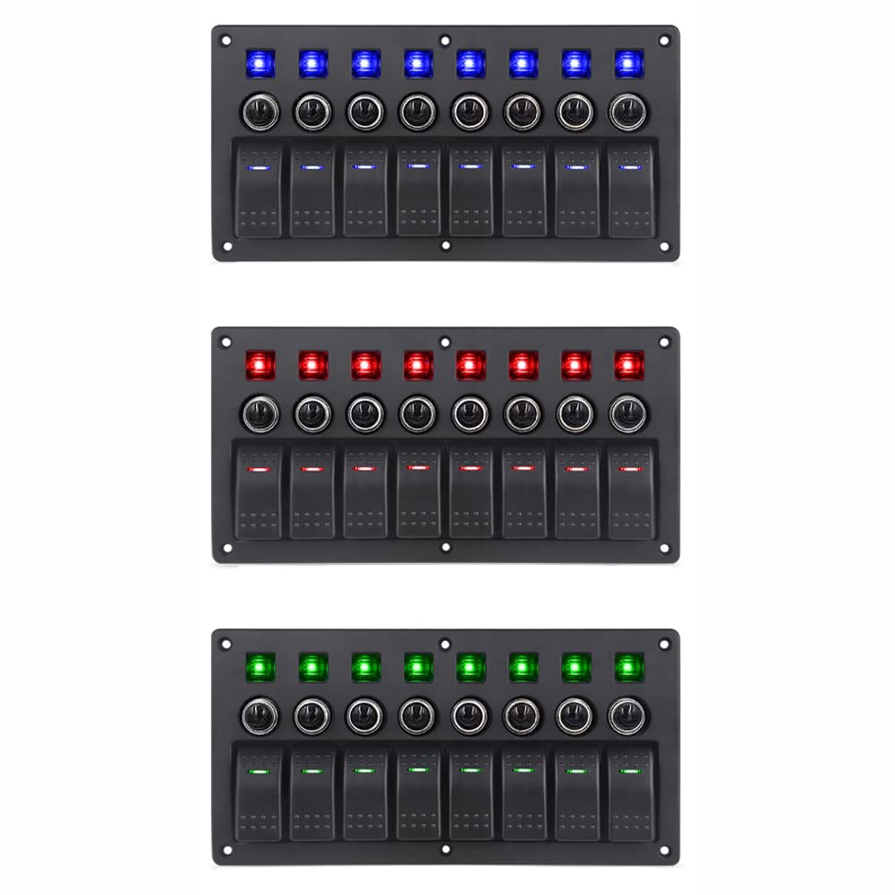 Riloer Pannello interruttori a levetta 8 vie, 12V 24V universale per barca, auto, marino, interruttori a levetta LED con indicatori, impermeabile, con luce verde/blu/rossa