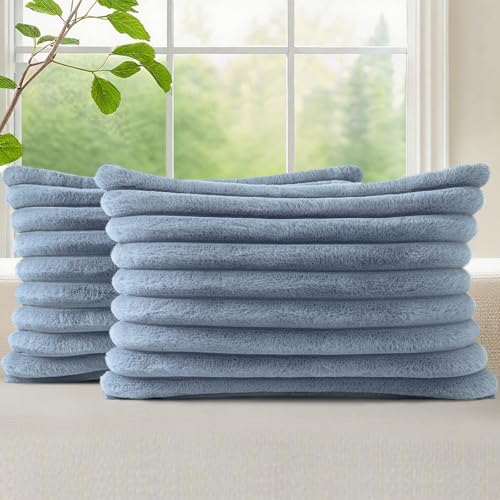 Image of decorUhome Fall Cozy Faux Fur Throw Pillow Covers 12x20 Set of 2 Decorative Soft Plush Striped Lumbar Modern Farmhouse Boho Couch Pillow Cases with Velvet Back for Sofa Bed Living Room, Grey Blue