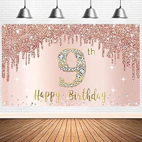 Happy 9th Birthday Banner Backdrop Decorations for Girls, Rose Gold Happy Ninth Birthday Backdrop Party Supplies, Pink 9 Year Old Birthday Sign Poster Background Photo Booth Props Decor Cover
