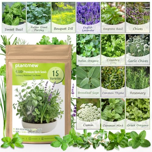 Herb Seeds 15-Pack – 4,500+ Non-GMO Heirloom Seeds for Planting – Indoor & Outdoor Herb Garden Kit with Basil, Cilantro, Rosemary, Thyme, Dill, Sage – Medicinal & Culinary Herb Seeds Variety Pack