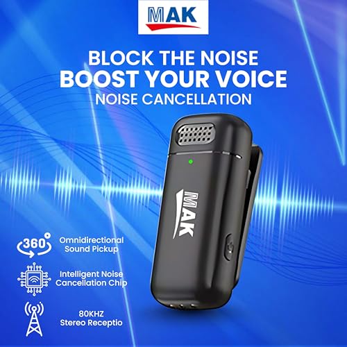 Image of MAK Dual Wireless Lavalier Microphone System with Charging Case, ANC Noise Reduction, Type-C Receiver, Long Battery Life for Vlogging, YouTube, Interviews & Content Creation