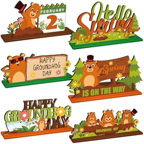 Quzzil 6 Pcs Groundhog Day Wooden Decorations Cute Groundhog Party Table Decorations Happy Groundhog Day Wooden Centerpieces Groundhog Party Decor Supplies for Weather Forecast Spring February Cover