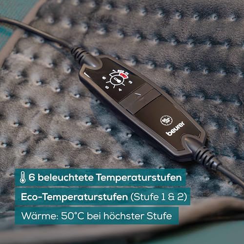 Beurer HK 123 Heizkissen, Made in Europe, Ober- und Unterseite aus 100% recyceltem Material, kuschelig weich, 60 x 30 cm, 6 Temperaturstufen und Abschaltautomatik, maschinenwaschbar, grau