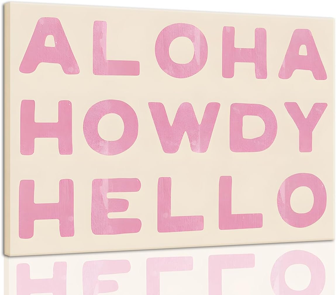 Aloha Howdy Hello Wall Art, Trendy Western Coastal Cowgirl Room Aesthetic Canvas Poster,Preppy Pink Text Pictures Horizontal Funky Bar Cart Prints For Teen Girl Dorm Bedroom Wall Decor Framed (pink,