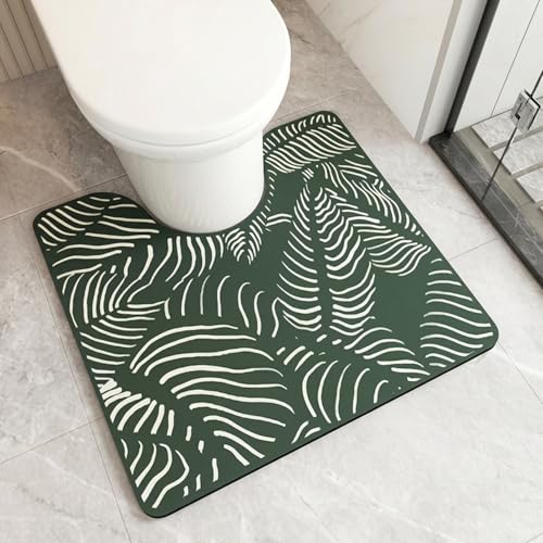 Treer Tapis de Toilette Forme de U, Tapis WC Contour Absorbant en Diatomite Antidérapant Sechage Rapide Lavable pour Salle de Bain -Feuille Verte, 55x50cm
